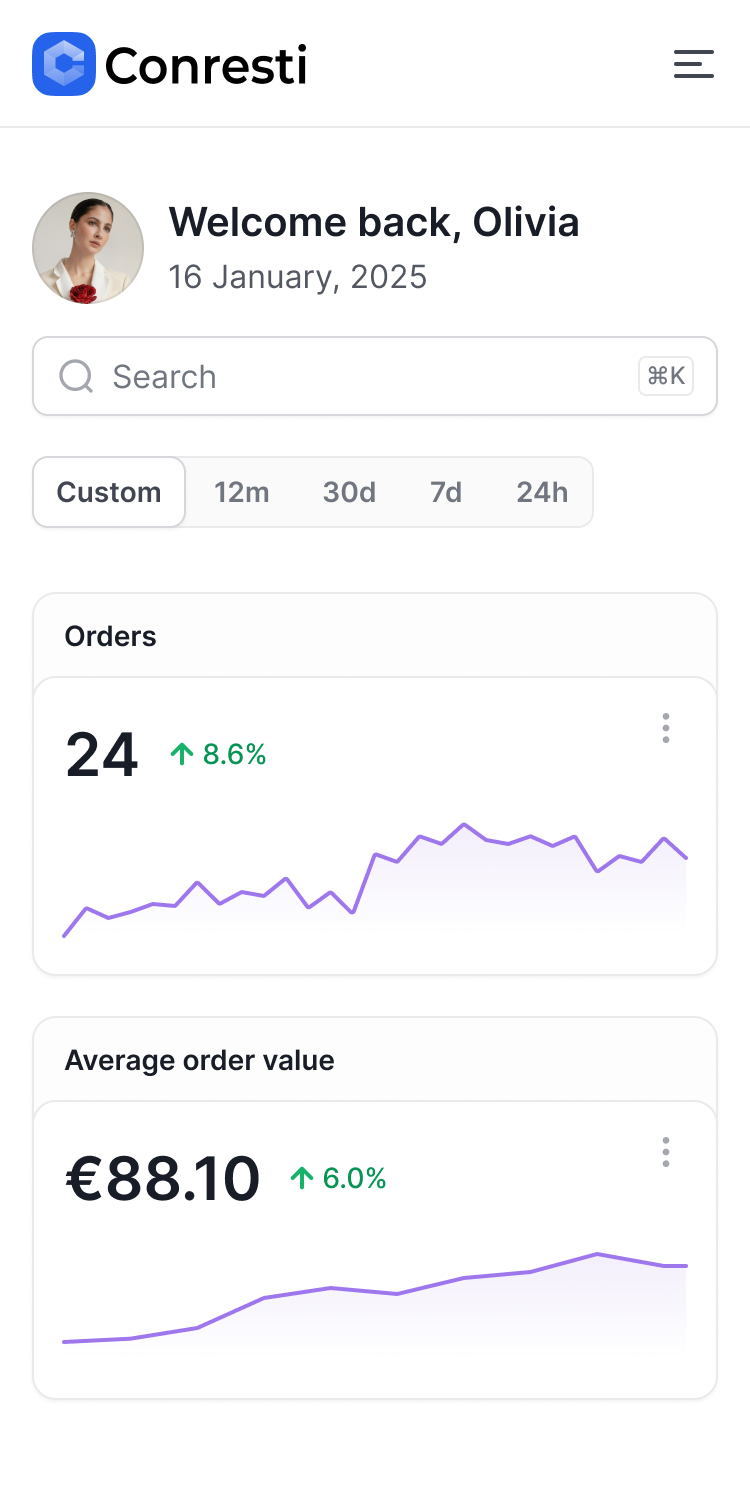 Conresti Mobile Dashboard showing data analytics interface